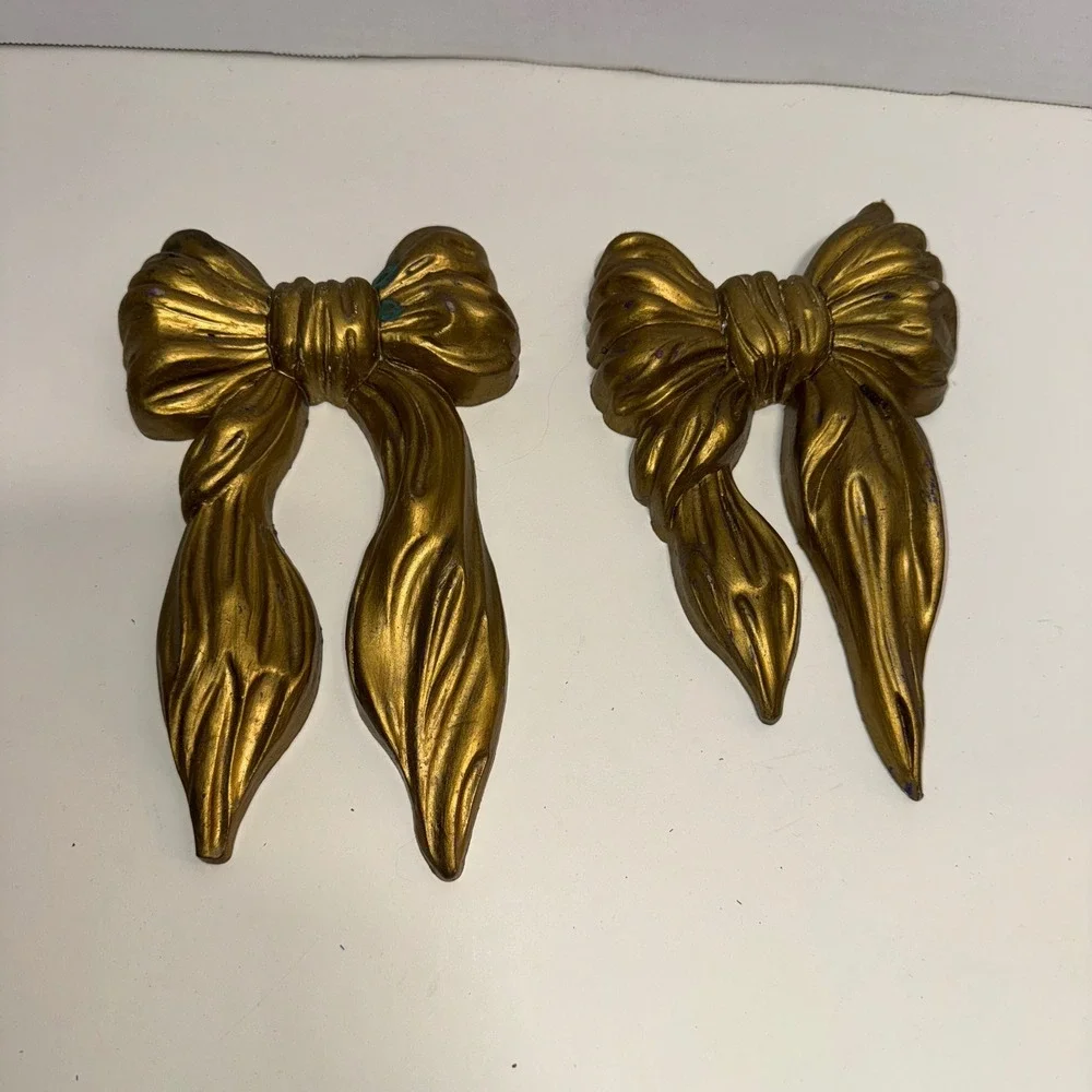 Vintage Gold Tone Bow Wall Decor Set of 2 Coquette Hanging Accents HOMCO Style